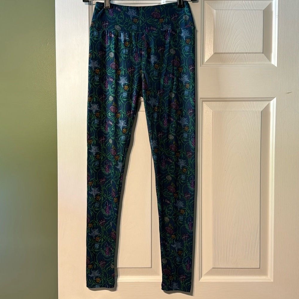 LuLaRoe leggings -one size navy, green, purple print. Never worn